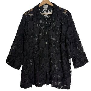 Sybelle Textured Floral Lace Sheer Black Button Down Shirt Size 2X Blouse Party